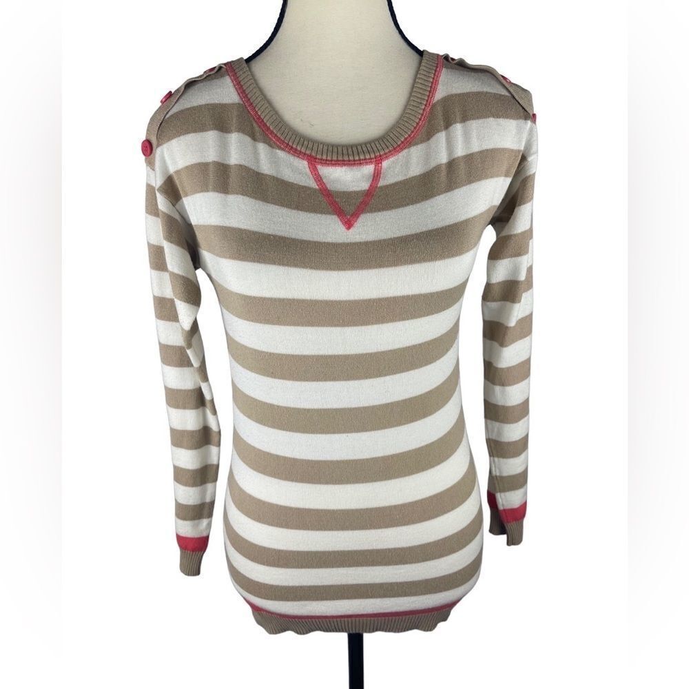 T/O Sweater  cream‎ Brown Striped Crewneck Pullover w pink detail  Size: XS